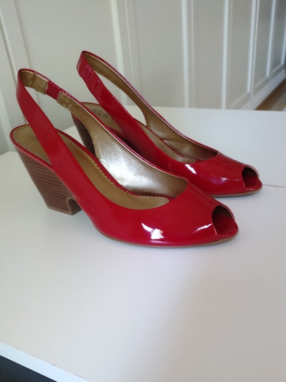 Franco Sarto Red Patent Leather Wedge Slingback Peeptoes, Size 8